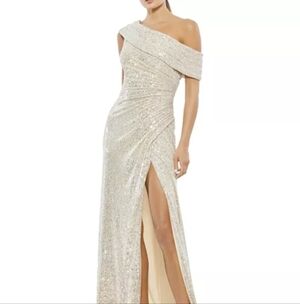 Mac Duggal Off-Shoulder Sequin Maxi Dress in Silver